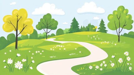 Obraz premium Spring Meadow Winding Path, Cartoon Trees and Daisies