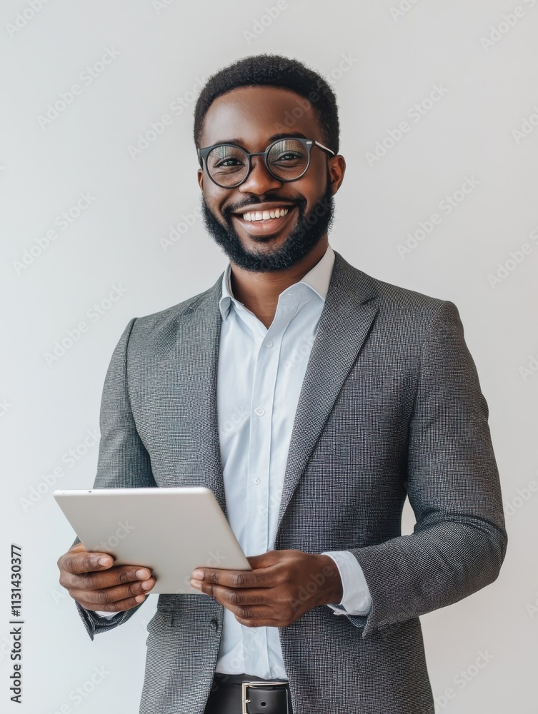Aufkleber civil engineer confidently presenting project details while holding a digital device in a modern off