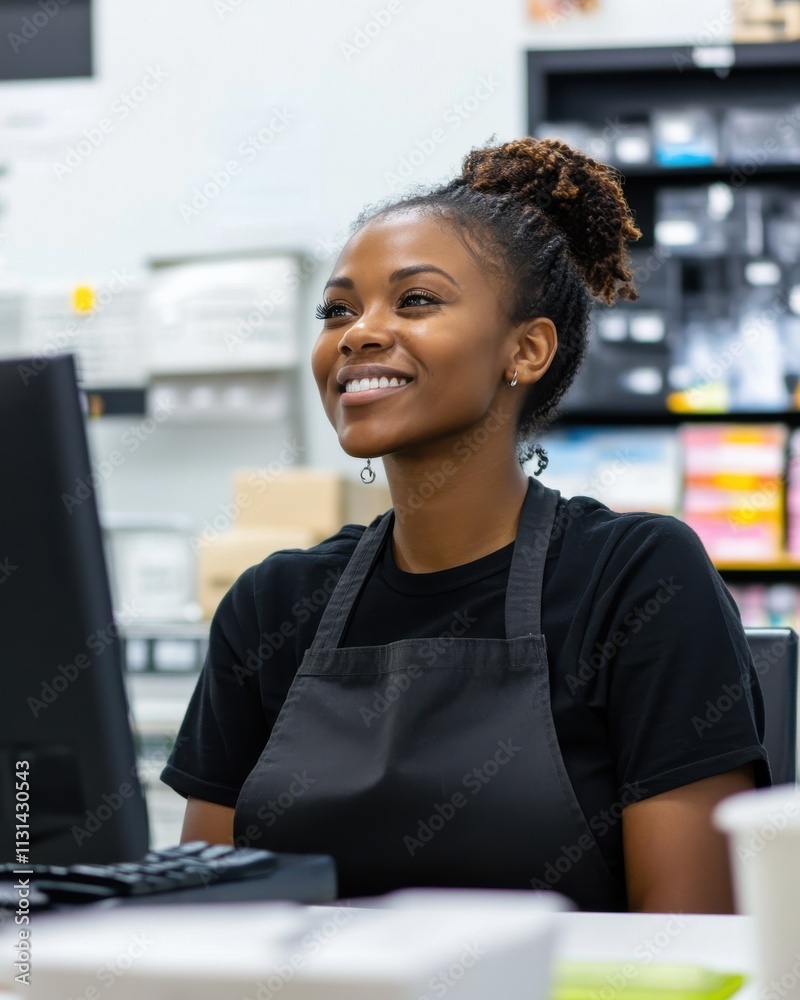 Poster Cashier at desk smiling while engaging with a customer during a video call in a retail store setting