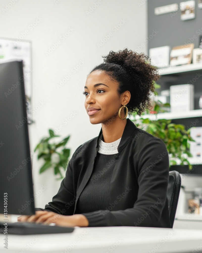 Aufkleber Cashier engaging in an online discussion at a desk with a computer during a workday