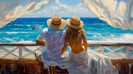 Ocean View Romance Impasto Oil Painting of Couple on Balcony