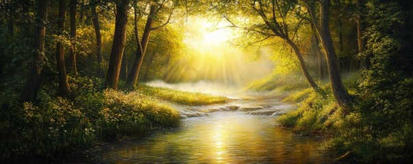 Obraz premium Golden Forest Stream Oil on Canvas, Sunlit Landscape, Tranquil Nature Scene