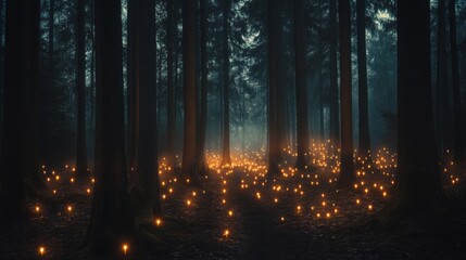 Obraz premium Enchanted Forest Path Candles Light a Mystical Night