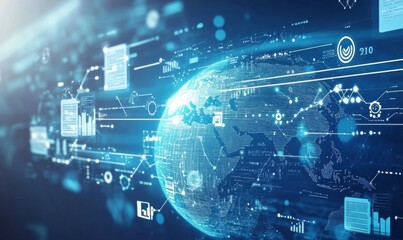 Fototapeta premium Light blue background with a digital globe, world map, and global network connections on the right side of the screen The design is simple yet sophisticated, featuring light blue tones Generative AI