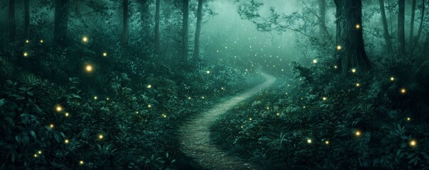 Fototapeta premium Enchanted Forest Path Fireflies and Foggy Night