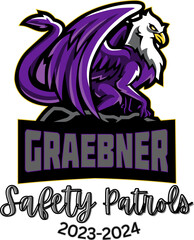 A logo featuring a purple and white griffin standing on a rock. The text 