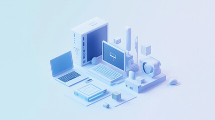 Obraz premium Isometric icon of computers, laptops, liaisons and technology equipment. Copy space, creative banner for computer service, tech repair, cloud storage. White blue colors. Generative AI illustration.