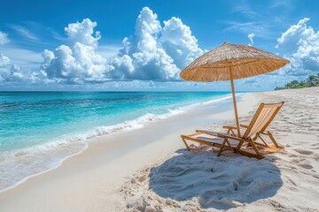 Fototapeta premium Relaxing beach scene with a lounge chair and umbrella on soft sand beside calm turquoise waters