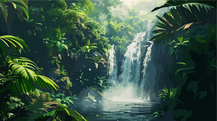 Serene Rainforest Waterfall Vector Illustration