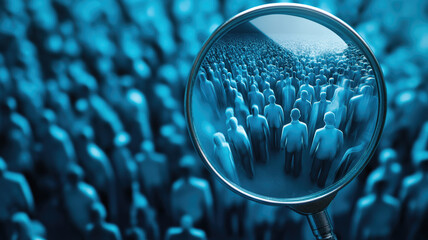 Magnifying glass looking for people on blue background. Searching candidates for employment in the labor market