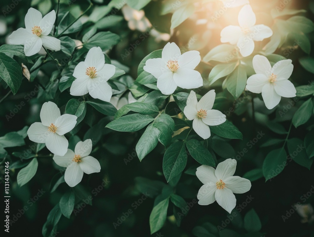 Poster White flowers with green leaves