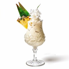 A tropical Pi甯絘 Colada with coconut flakes and pineapple wedge, positioned against an isolated...