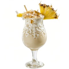 A tropical Pi甯絘 Colada with coconut flakes and pineapple wedge, positioned against an isolated...