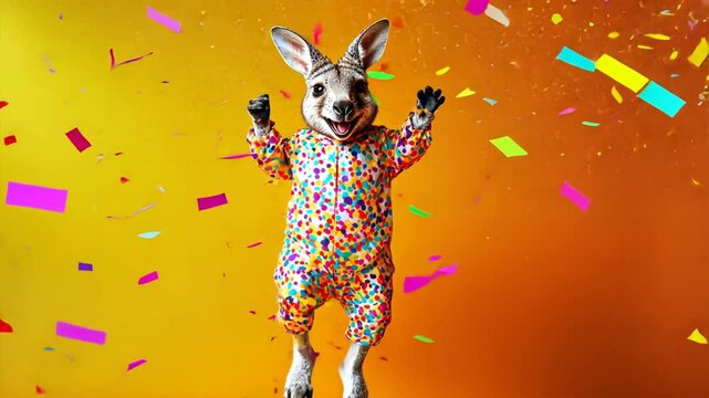 A rabbit wearing a suit and a unicorn horn is standing in a colorful explosion of confetti. The rabbit's outfit is bright and cheerful, and the confetti adds a festive and playful touch to the scene