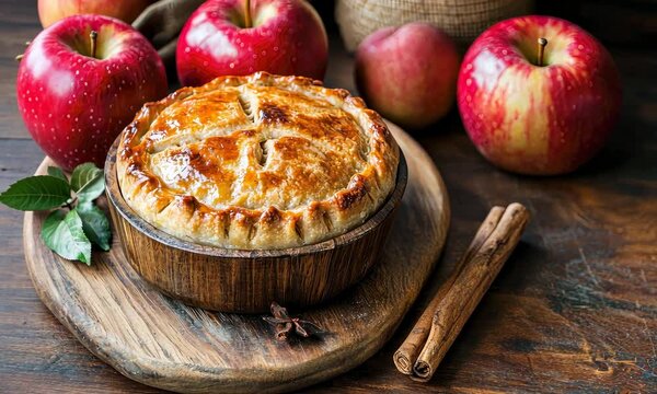 Golden-brown apple pie with fresh apples and cinnamon sticks