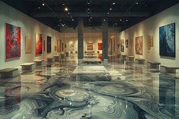 Modern art gallery with abstract paintings on white walls and a swirled marble floor.