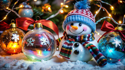 Transparent glass Christmas ornaments glowing with vibrant blue, red, and yellow lights, tied with elegant red satin ribbons, resting on a sparkling snowy surface. 