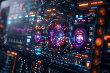 Fototapeta premium Futuristic digital interface with glowing lines and a 3D globe