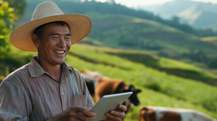 Fototapeta premium Farmer wearing a hat, sitting in a lush green field with a tablet, overseeing grazing cattle under sunlight.