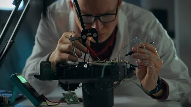 A technician, focused and wearing glasses, meticulously repairs complex electronics at a workbench late at night. Tools and components surround him as he works with precision