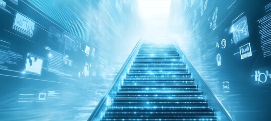 Fototapeta premium A conceptual image of a digital ladder leading upwards, with business-related icons at each rung, set against a futuristic backdrop