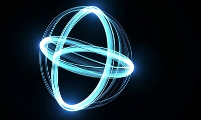 A glowing blue atomic symbol on a black background, representing science and technology concepts. - Powered by Adobe