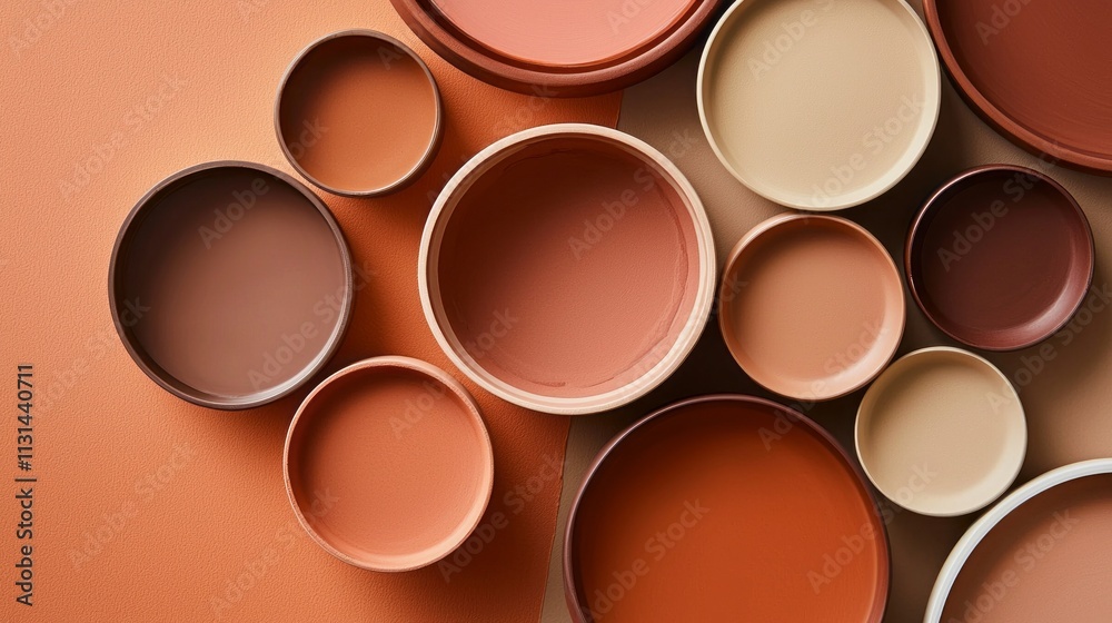 Poster a stunning display of terracotta bowls and plates in various sizes and shades, harmoniously arranged