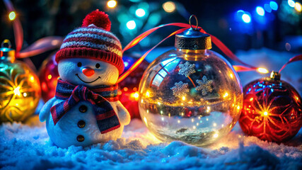 Transparent glass Christmas ornaments glowing with vibrant blue, red, and yellow lights, tied with elegant red satin ribbons, resting on a sparkling snowy surface. 