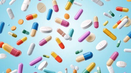 Multi-colored pills and capsules of drugs flying in all directions