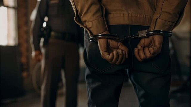 Man in Handcuffs Standing Indoors with a Police Officer in the Background