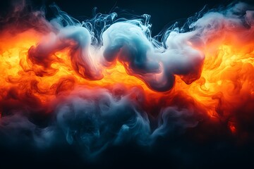 Fototapeta premium Dynamic clouds of multi-colored smoke of blue gray and orange on a black background smoothly flow with colorful waves, drawing isolated an column of smoke. Decorative wallpaper with rainbow steam.