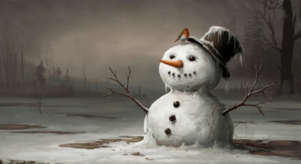 Obraz premium A lonely snowman against the background of a deserted snow-covered landscape, creating a gloomy atmosphere. The snowman partially melted. There is a little robin sitting on the hat.