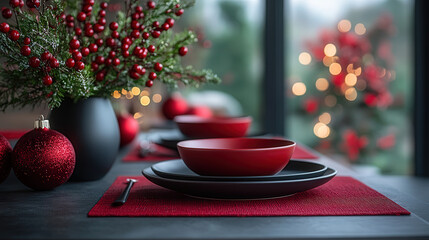 A festive table arrangement with a single red candle, white napkins, and a small pinecone centerpiece
