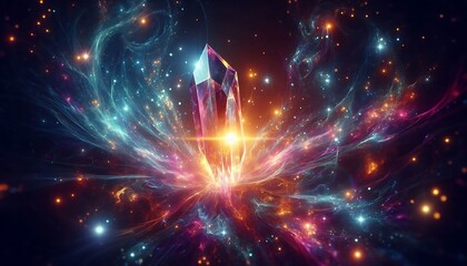 Obraz premium glowing cosmic crystals floating gracefully in dark space illuminated by vibrant light, generative ai