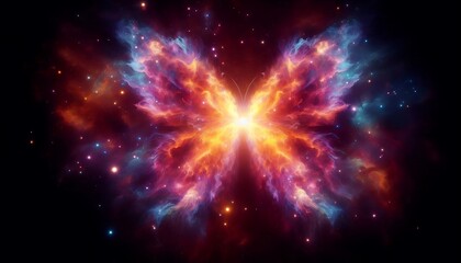 glowing butterfly-shaped cosmic nebula pulsating with vibrant radiant colors, generative ai