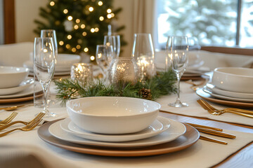 A modern holiday table setting with clean white dinnerware, golden cutlery, and a soft green sprig