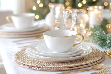 Fototapeta premium A modern holiday table setting with clean white dinnerware, golden cutlery, and a soft green sprig