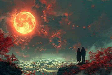 A couple standing on a hillside looking at the moon