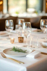 Fototapeta premium A modern minimalist table with a clean white theme, green sprigs on plates, and golden flatware