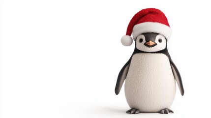 Fototapeta premium A cute penguin wearing a red Christmas hat, standing cheerfully against a white background, perfect for holiday-themed content.