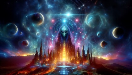 Obraz premium glowing ancient alien ruins illuminated by vibrant cosmic energy against dark space backdrop, generative ai