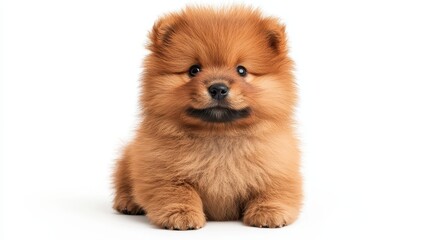 Obraz premium A fluffy, adorable Chow Chow puppy with a round face and vibrant orange fur, sitting against a plain white background.