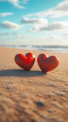 Fototapeta premium Two red heart shaped soft sandy beach photos