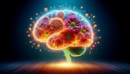 glowing brain with blooming flowers representing growth, creativity, and positive psychological,generative ai