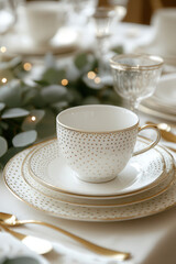 Fototapeta premium A winter-themed table with white porcelain, subtle gold accents, and an understated garland of green leaves