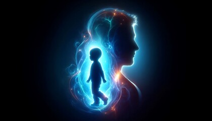 glowing child silhouette emerging from the shadow of an adult figure, symbolizing inner child psychology, generative ai