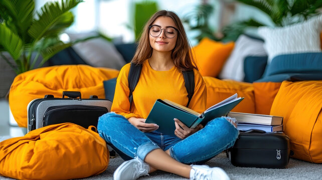 A student packing a suitcase with books, documents, and tech gadgets, preparing for an international work-study journey.