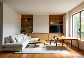 Fototapeta premium A modern and minimalist living room with wooden floors, a large sofa, a wooden dining table, and built-in wooden shelving units along the walls.