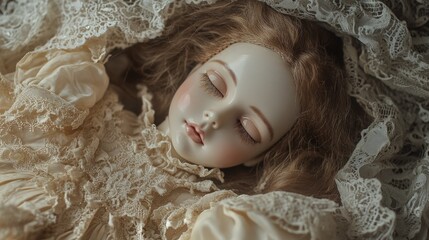 Sleeping porcelain doll, lace dress, serene.