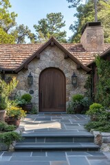 Stone House Entrance With Wooden Door And Steps